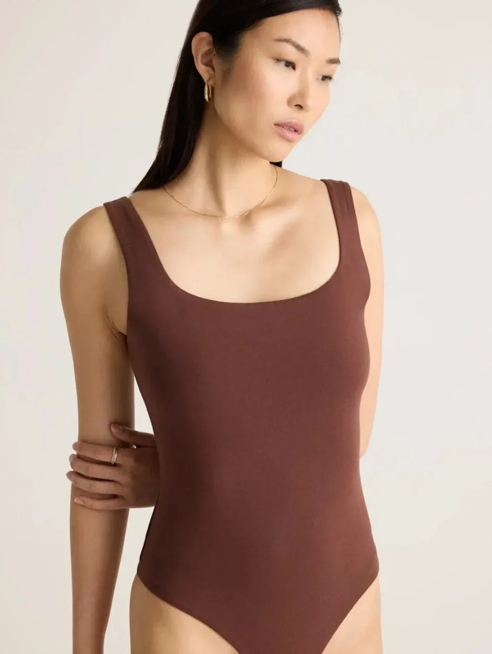 Quince Stretch Cotton Jersey Square Neck Tank Bodysuit Cocoa Large NWT - Picture 1 of 8
